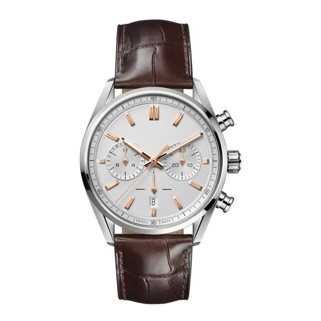 Classic Racing Chrono – Silver & Rose Gold | Brown Leather Strap
